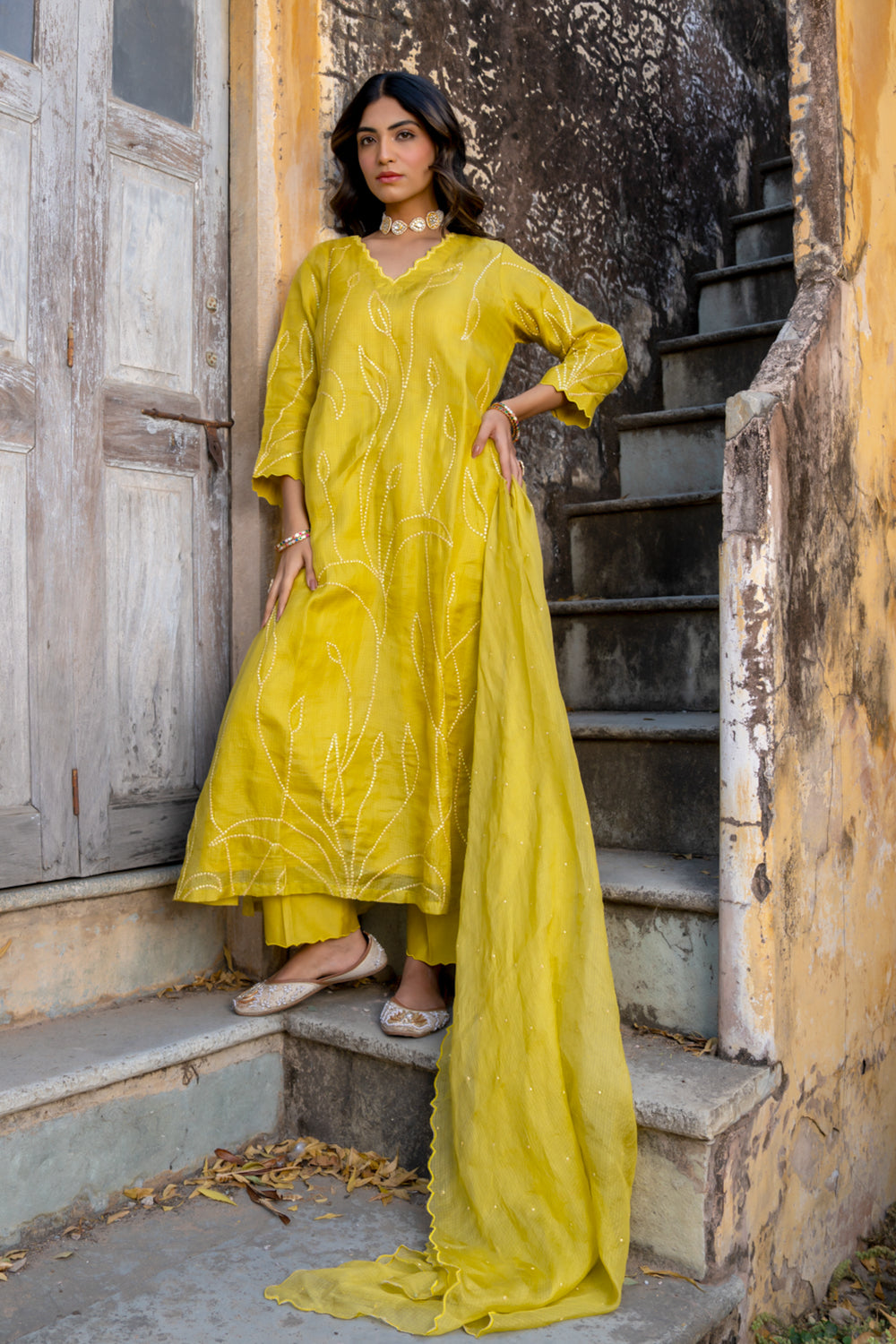 Mustard Sequins A Line Suit Set