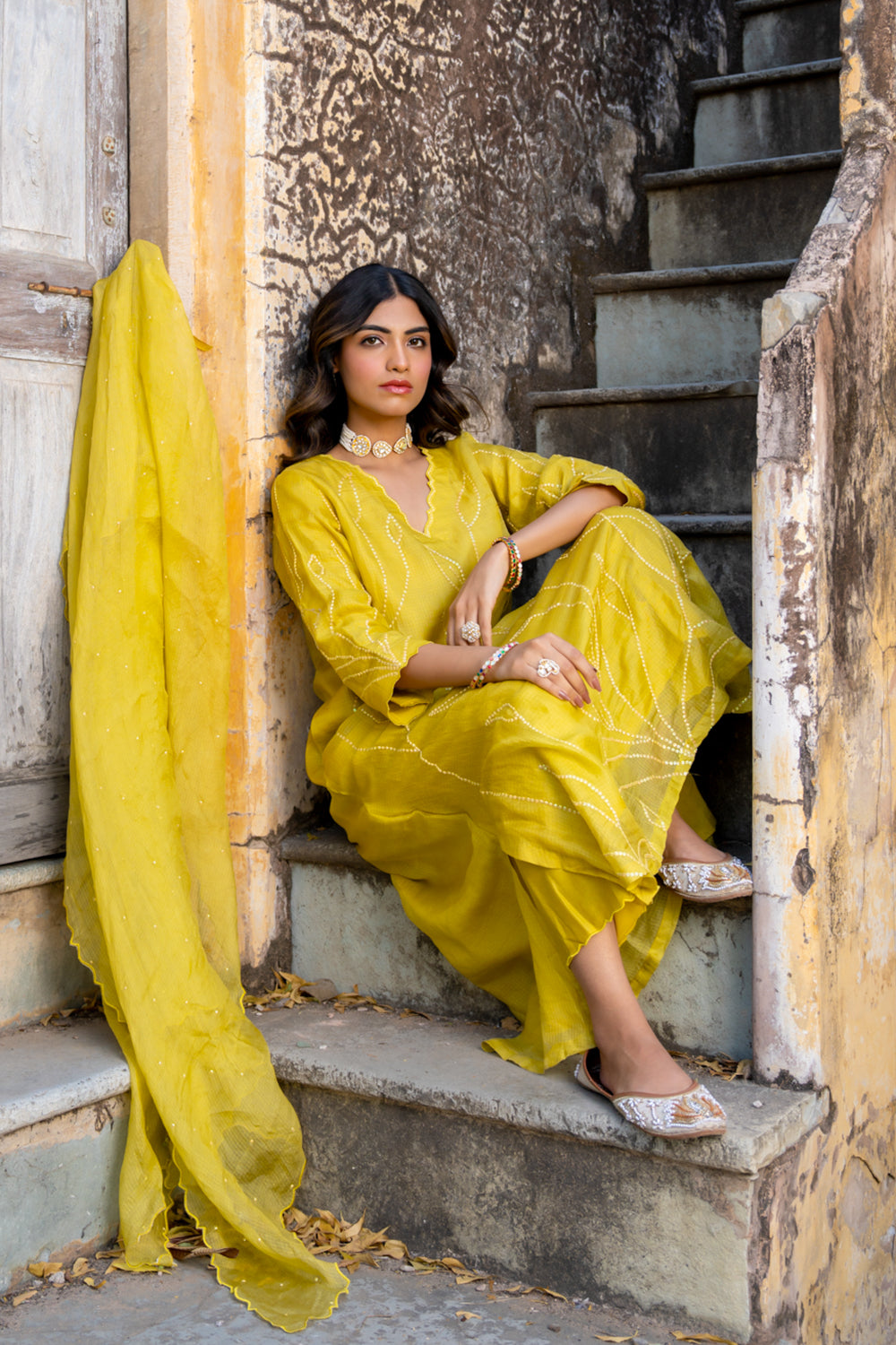 Mustard Sequins A-line Kurta Set