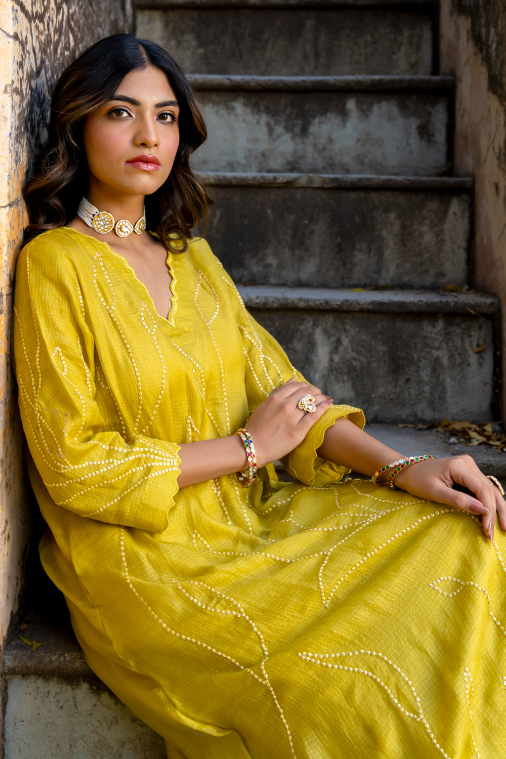 Mustard Sequins A Line Suit Set