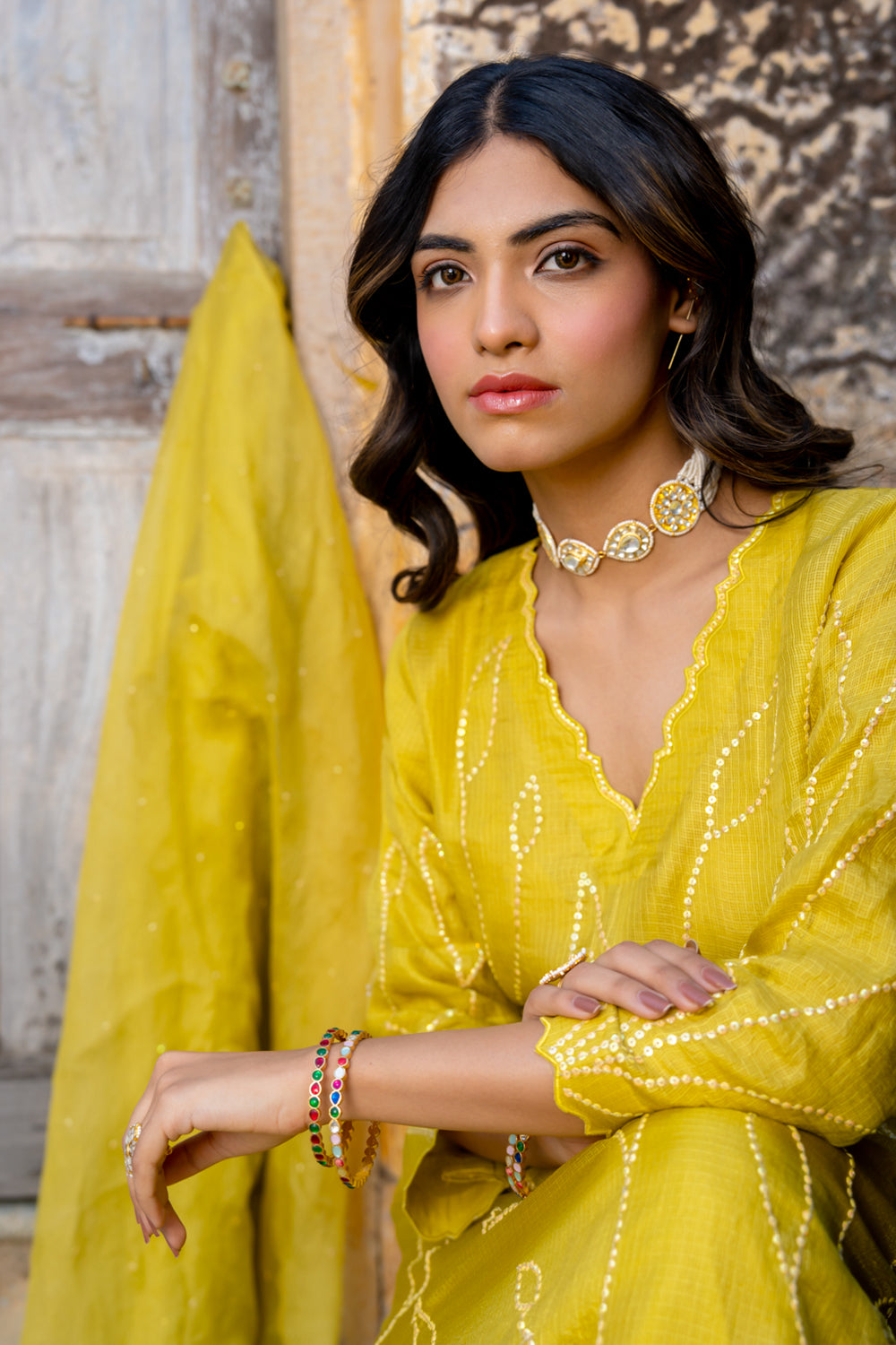 Mustard Sequins A-line Kurta Set