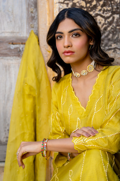 Mustard Sequins A Line Suit Set