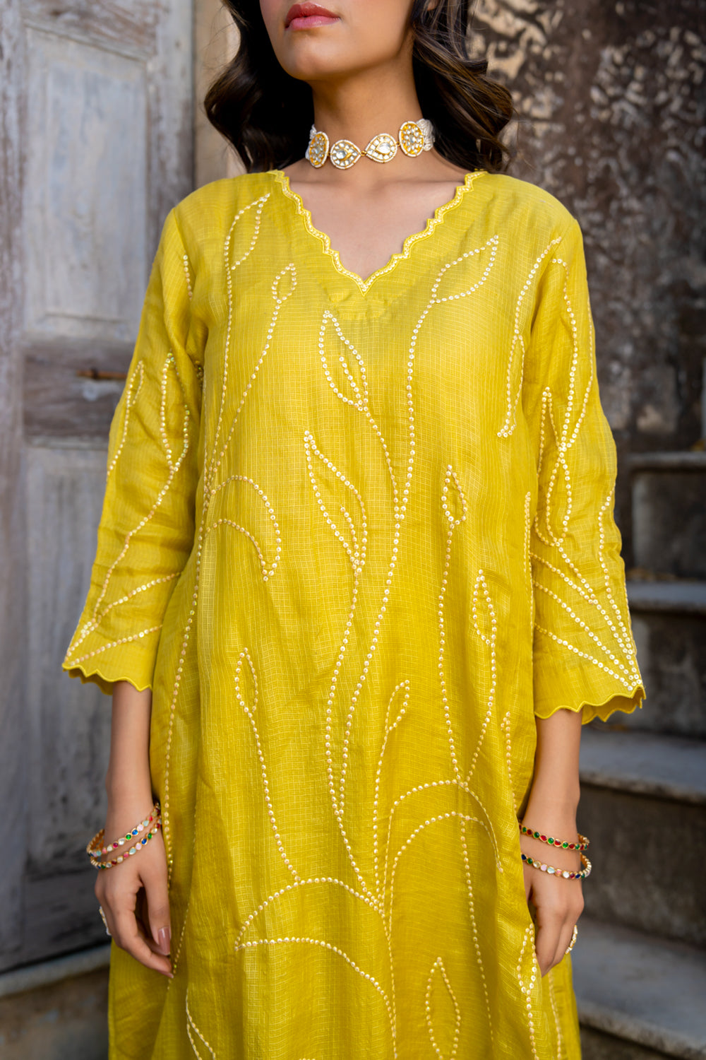 Mustard Sequins A Line Suit Set