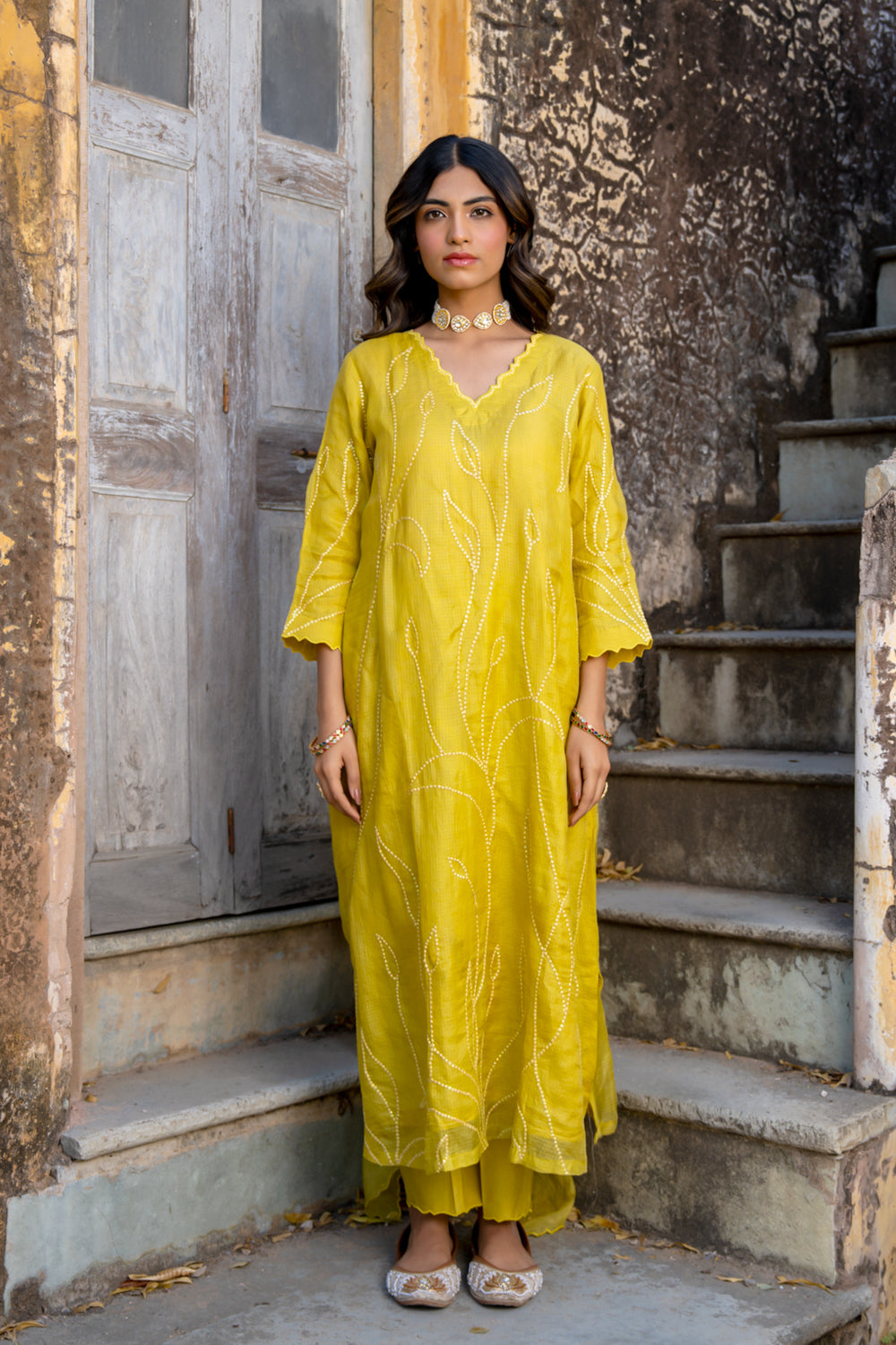 Mustard Sequins A-line Kurta Set
