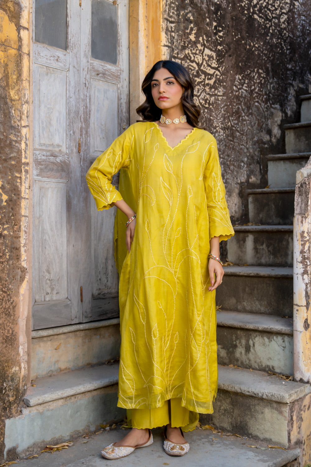 Mustard Sequins A Line Suit Set