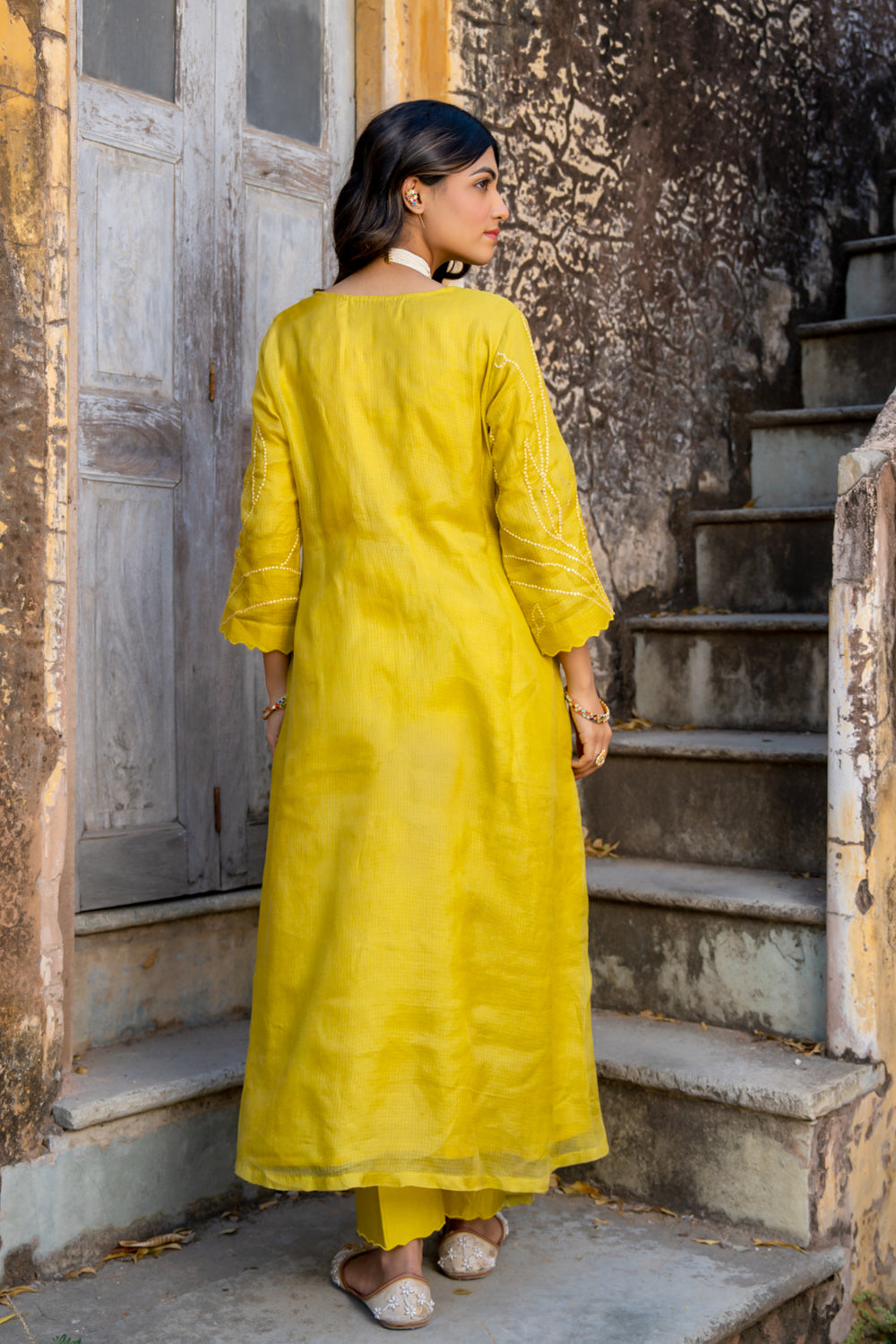 Mustard Sequins A Line Suit Set