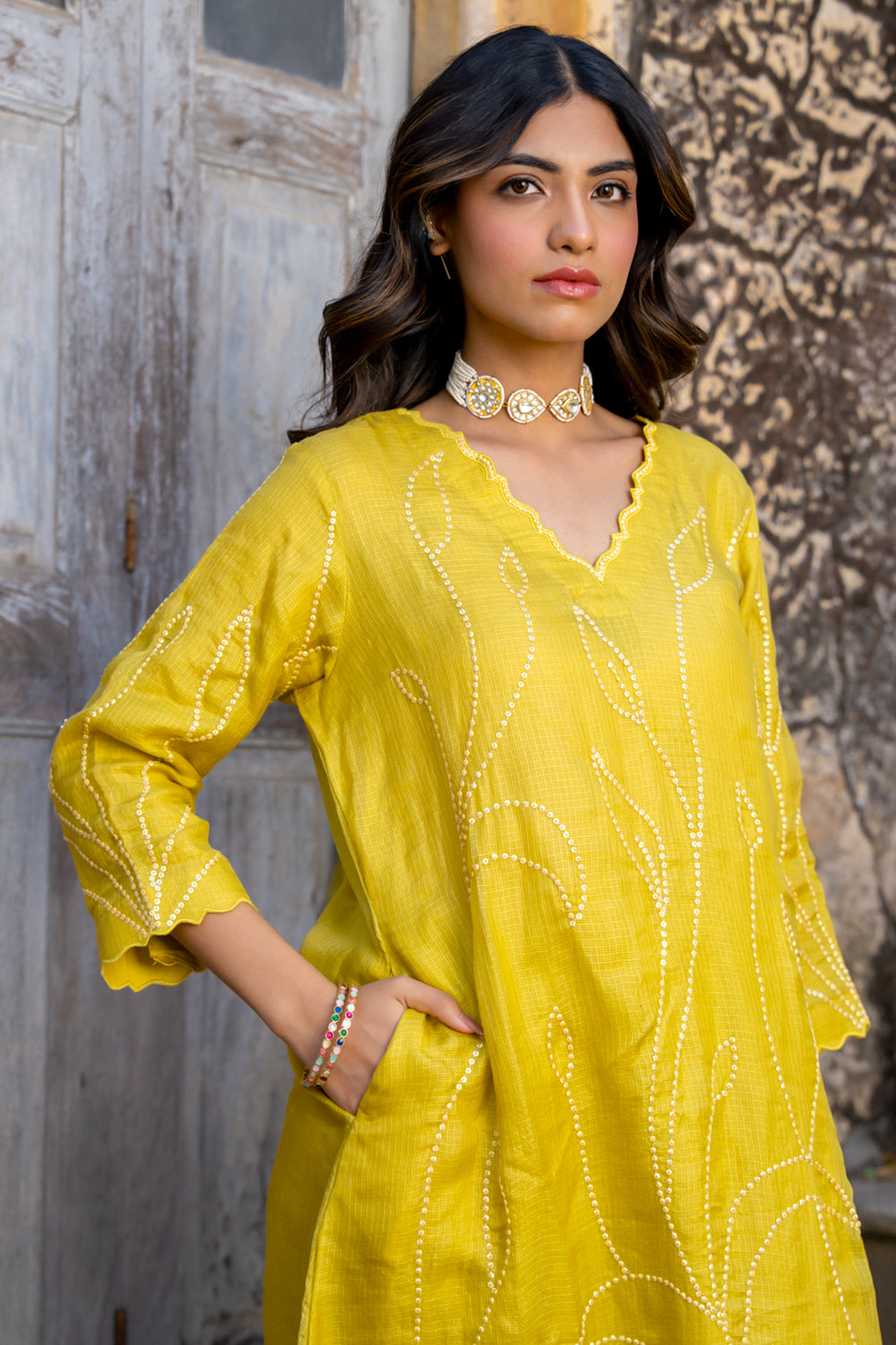 Mustard Sequins A Line Suit Set