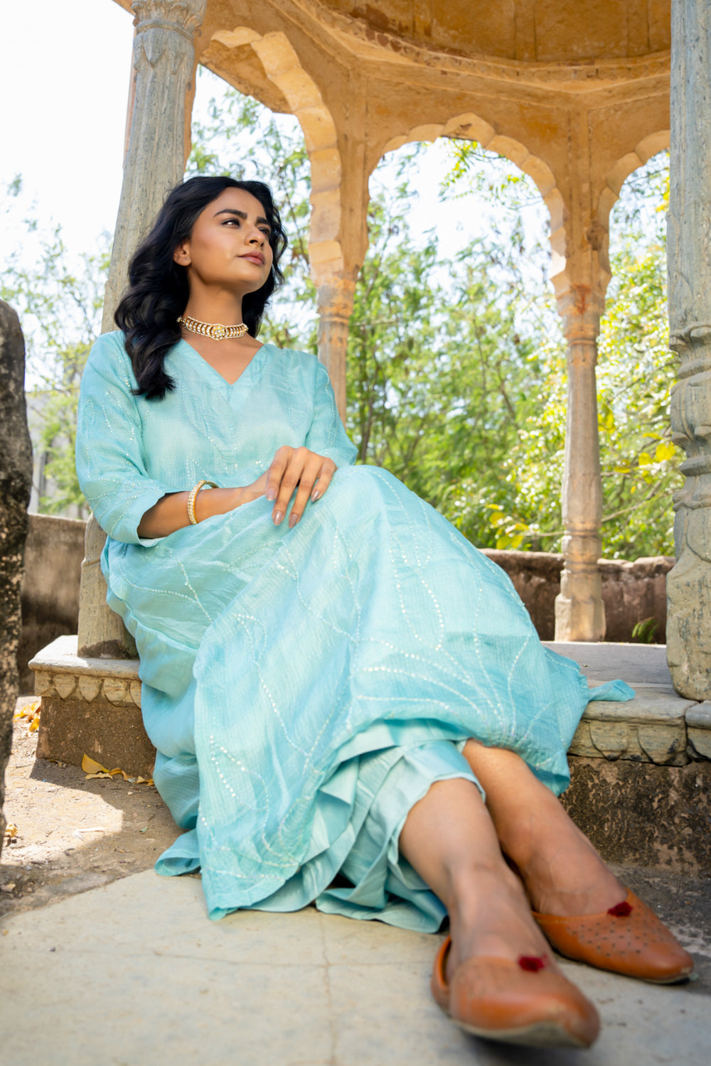 Sky Blue Sequins A-line Kurta Set