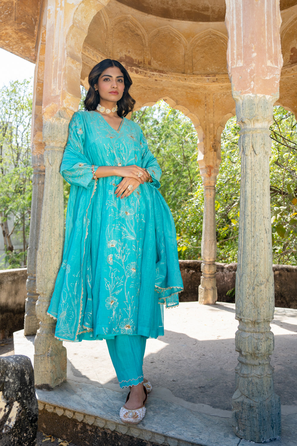 Firozi Floral A-line Kurta Set