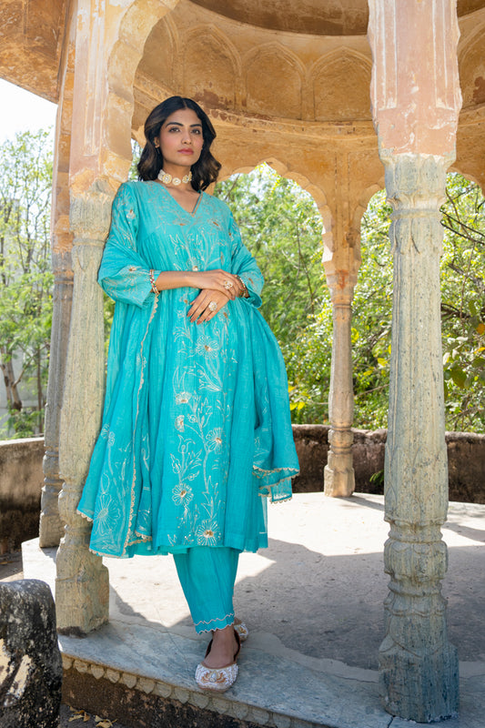 Firozi Floral A Line Suit Set