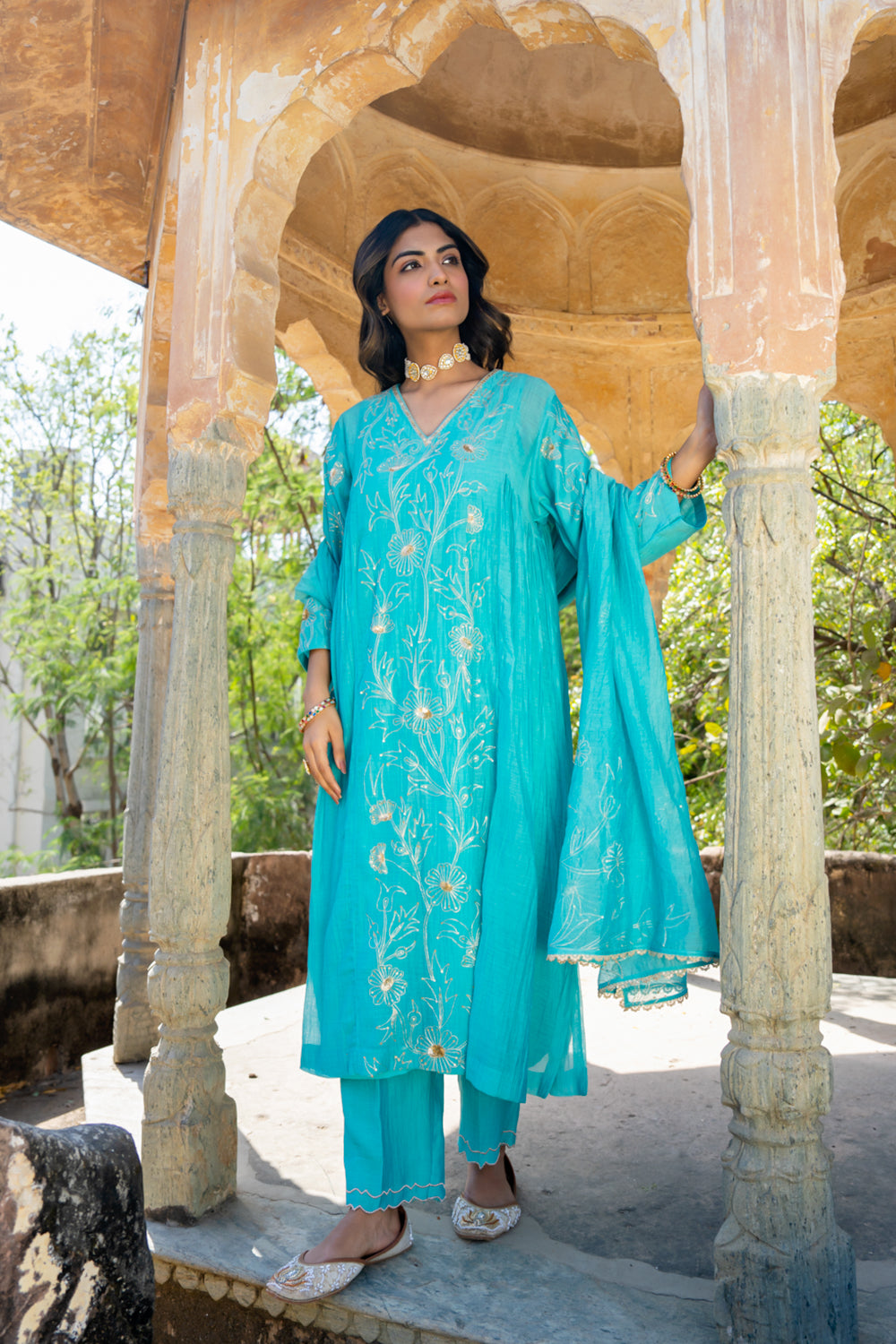 Firozi Floral A Line Suit Set