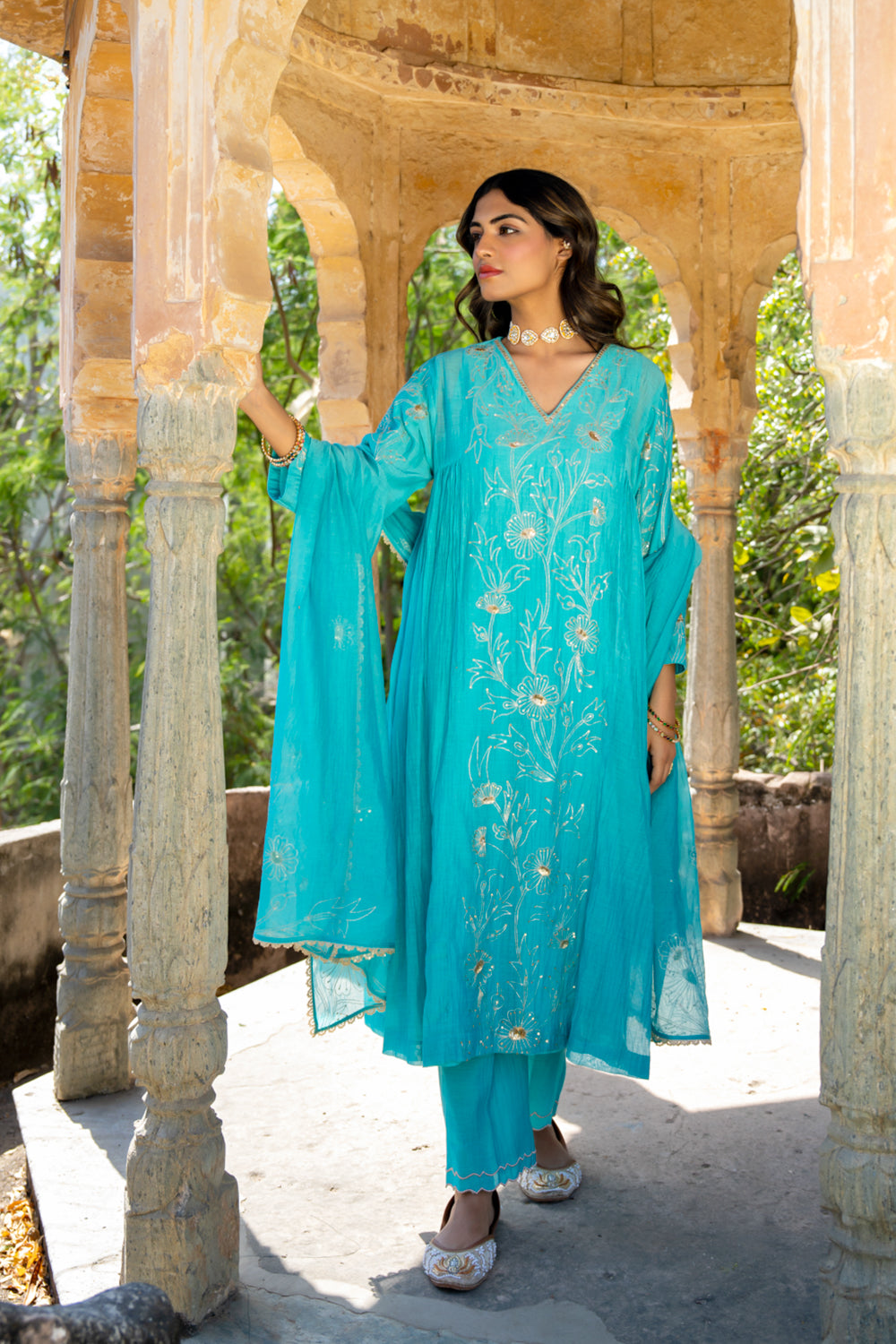 Firozi Floral A Line Suit Set