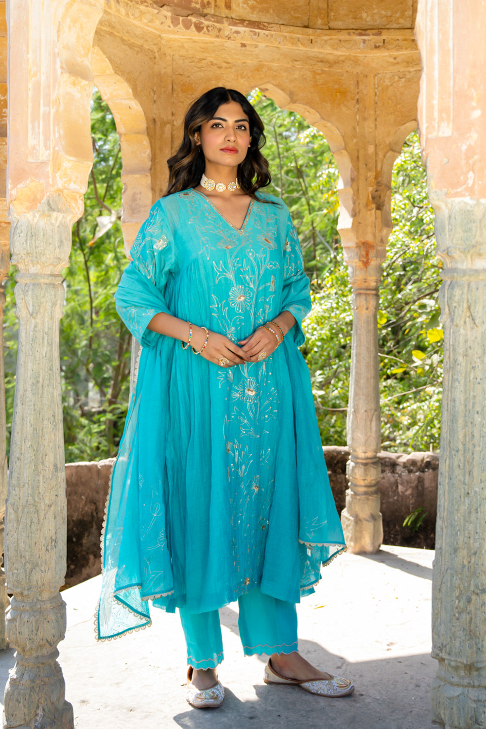Firozi Floral A Line Suit Set