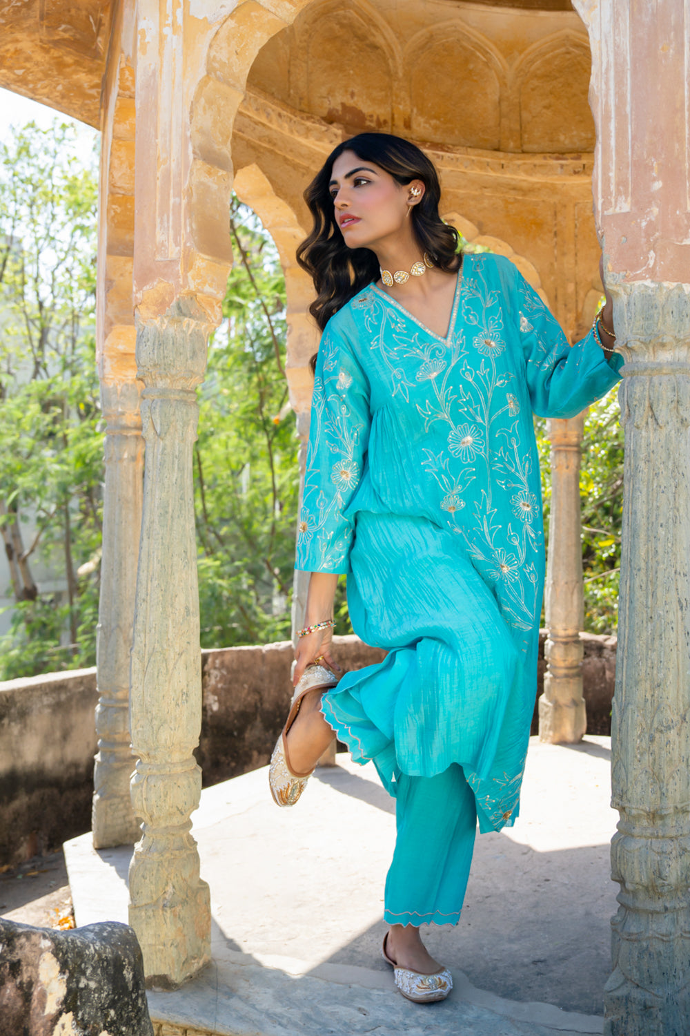 Firozi Floral A-line Kurta Set