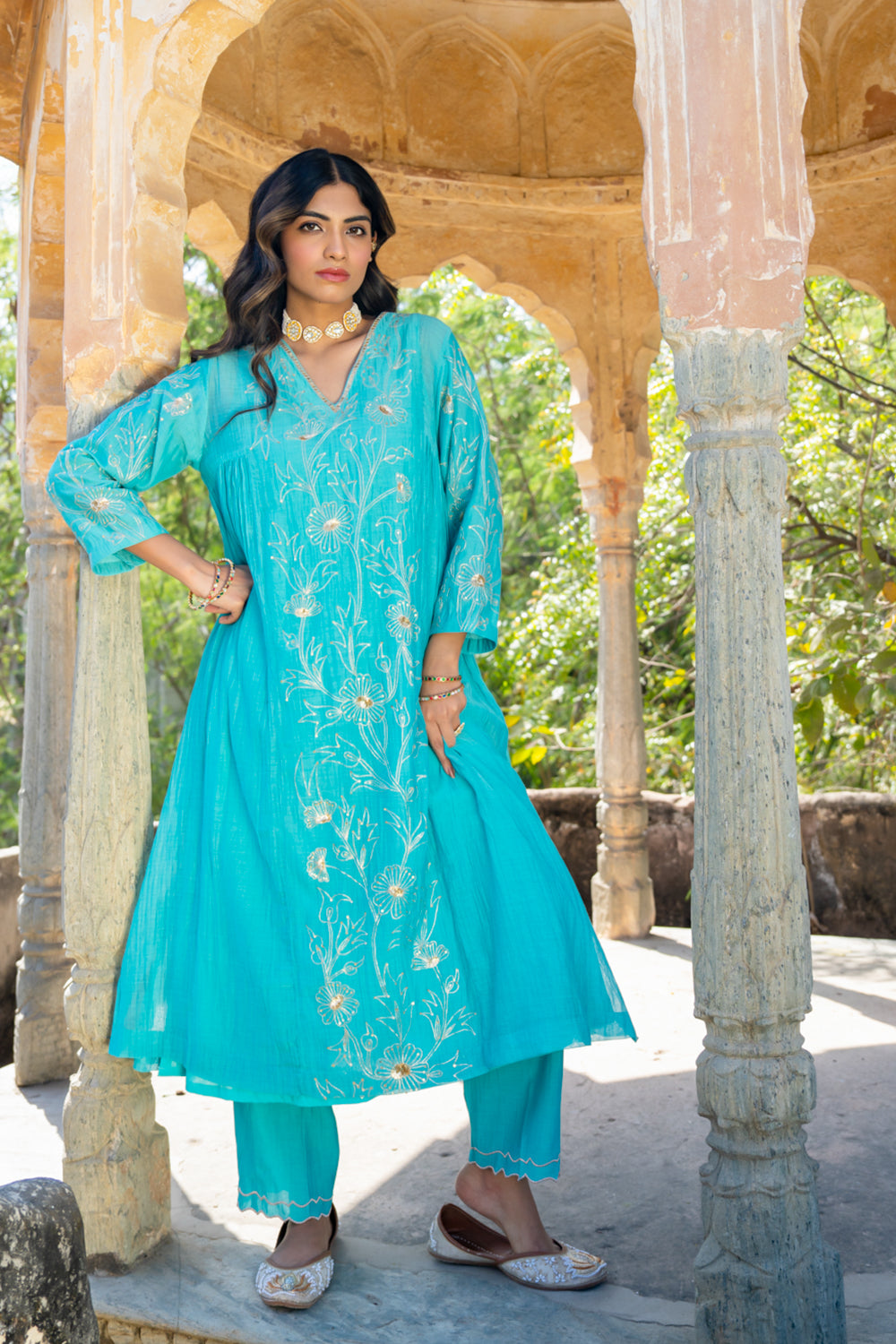 Firozi Floral A Line Suit Set