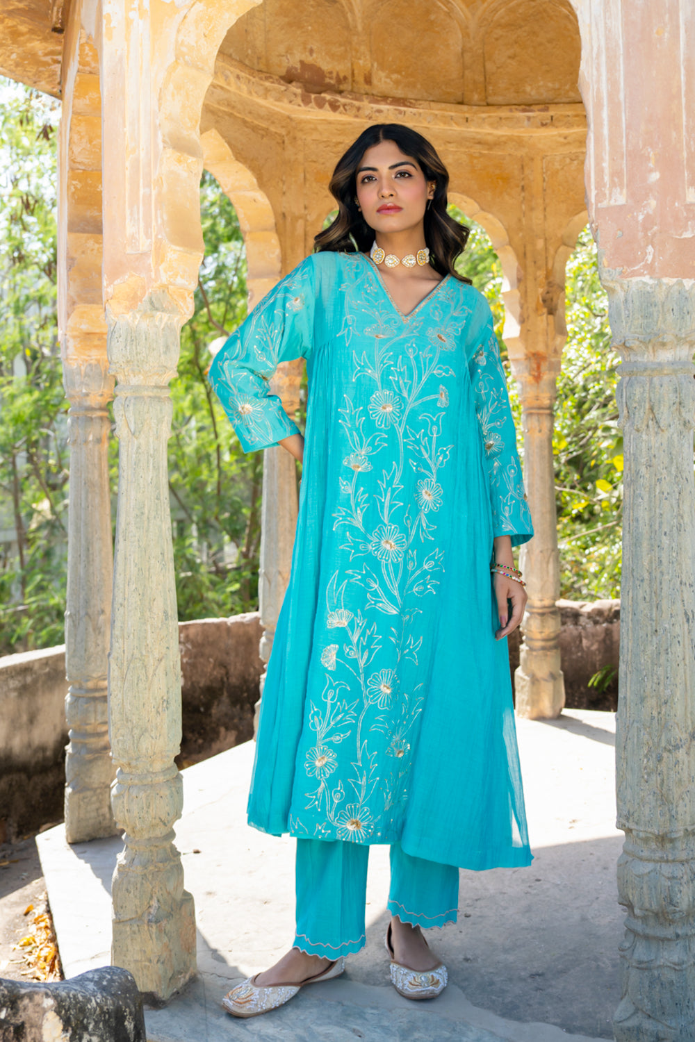 Firozi Floral A Line Suit Set