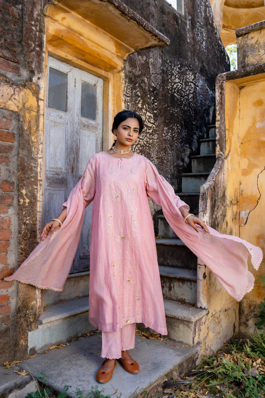 Pink Floral Jaal A Line Suit Set