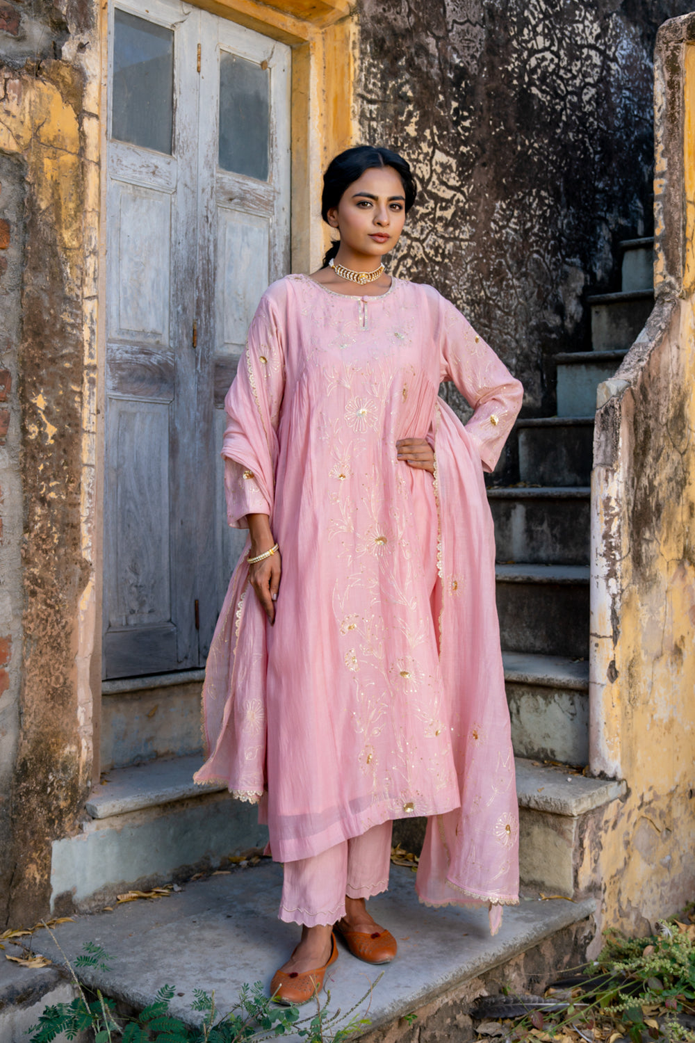 Pink Floral Jaal A Line Suit Set