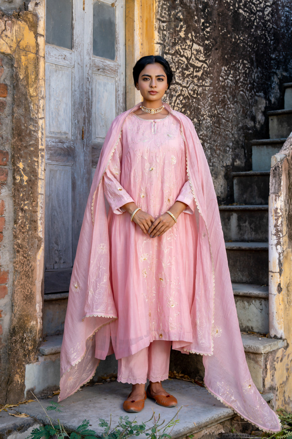 Pink Floral Jaal A Line Suit Set