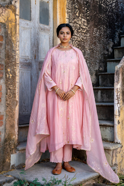 Pink Floral Jaal A Line Suit Set