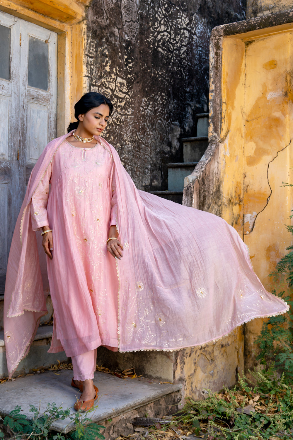 Pink Floral Jaal A Line Suit Set