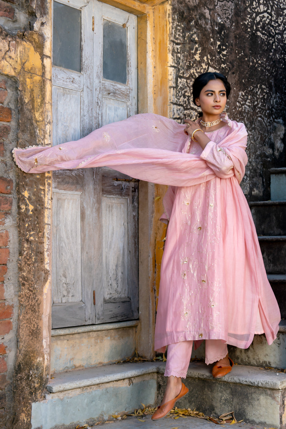 Pink Floral Jaal A Line Suit Set
