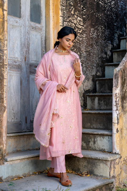 Pink Floral Jaal A Line Suit Set