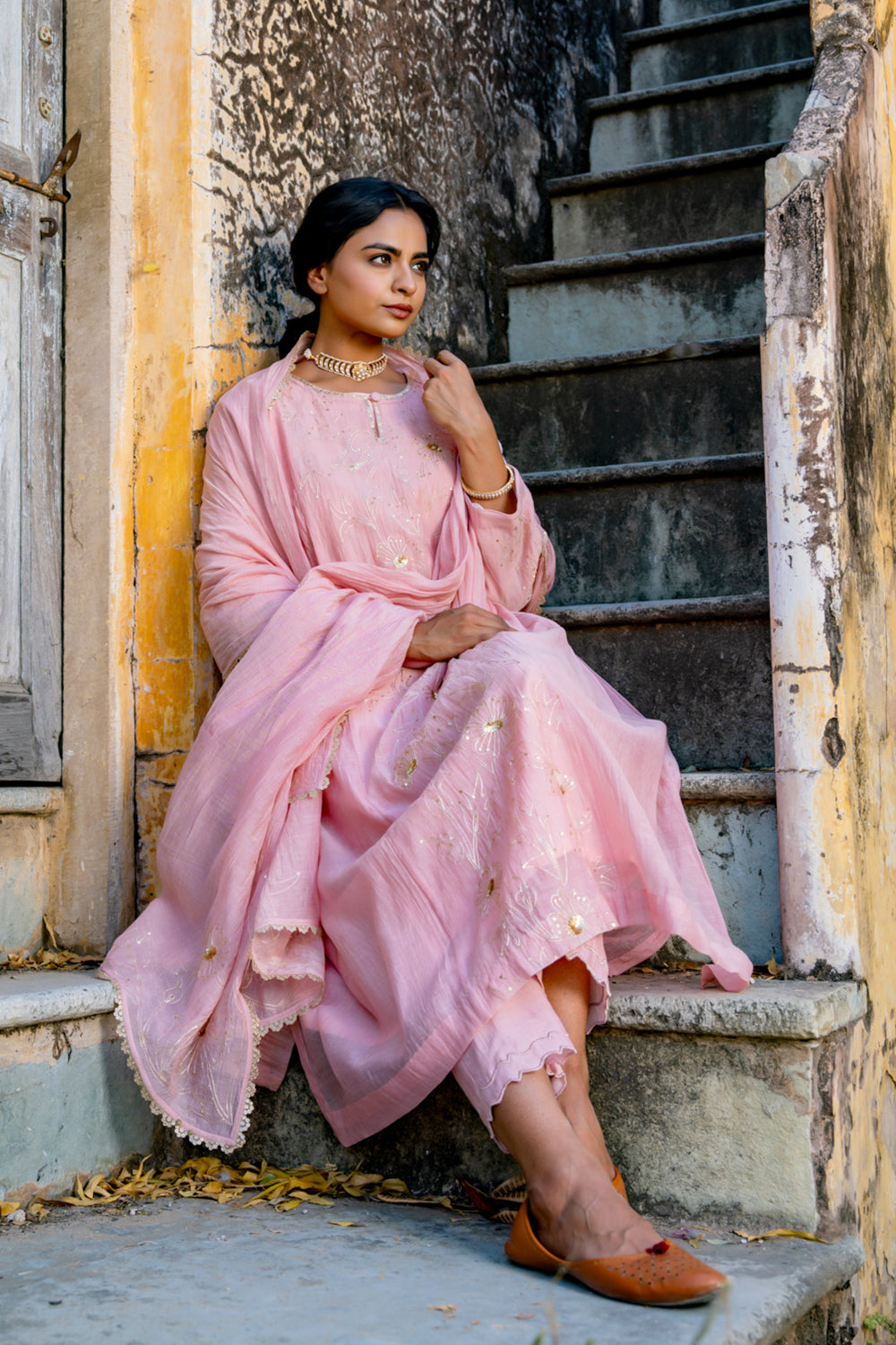 Pink Floral Jaal A Line Suit Set