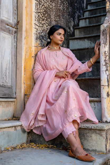 Pink Floral Jaal A Line Suit Set