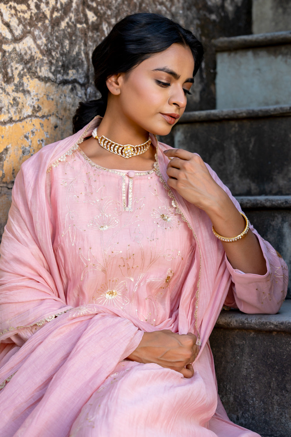 Pink Floral Jaal A Line Suit Set