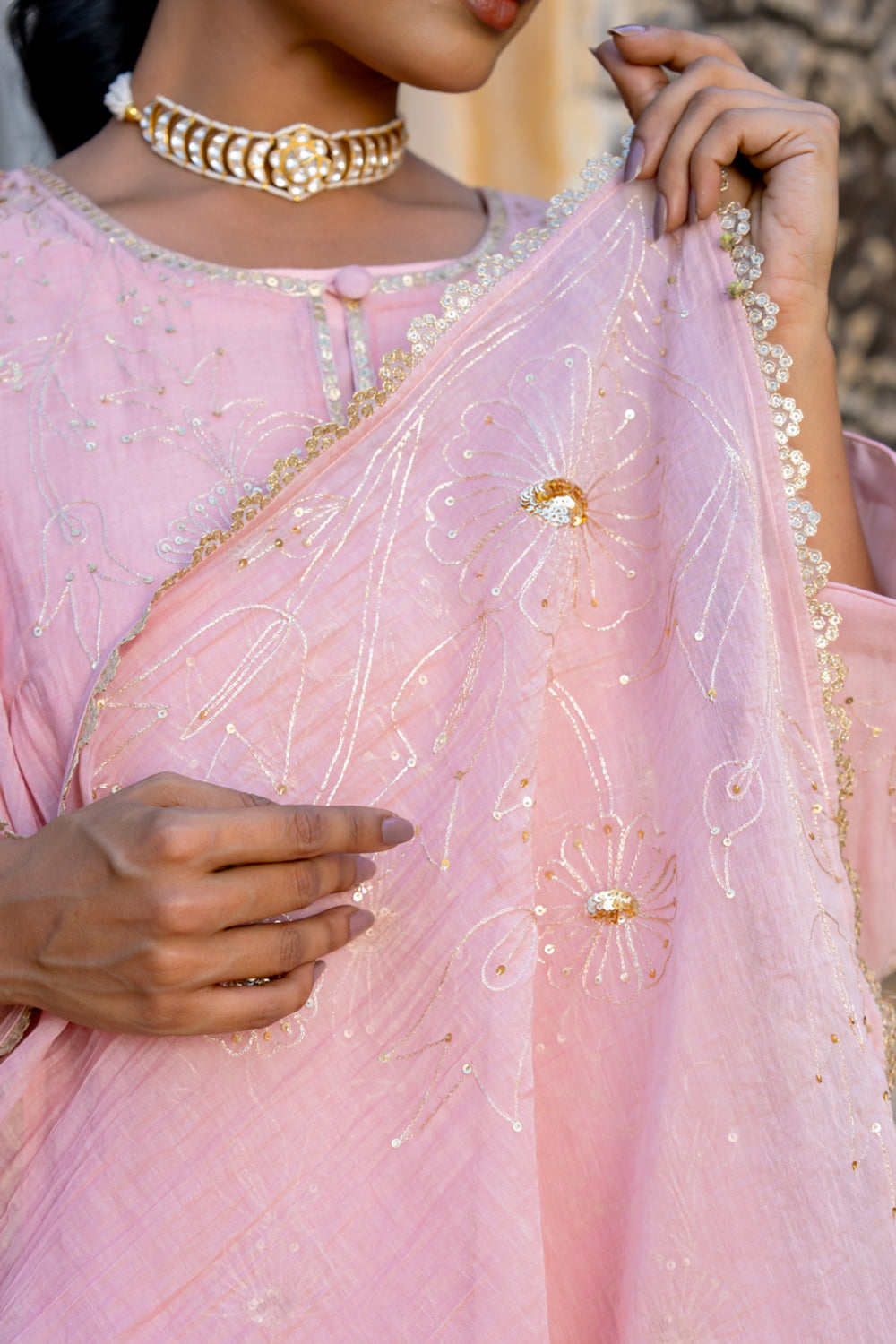 Pink Floral Jaal A Line Suit Set