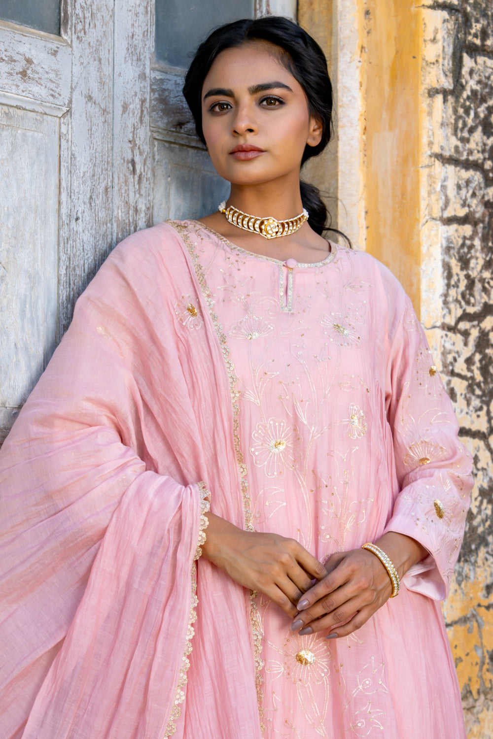 Pink Floral Jaal A Line Suit Set