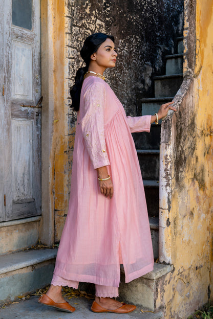 Pink Floral Jaal A Line Suit Set