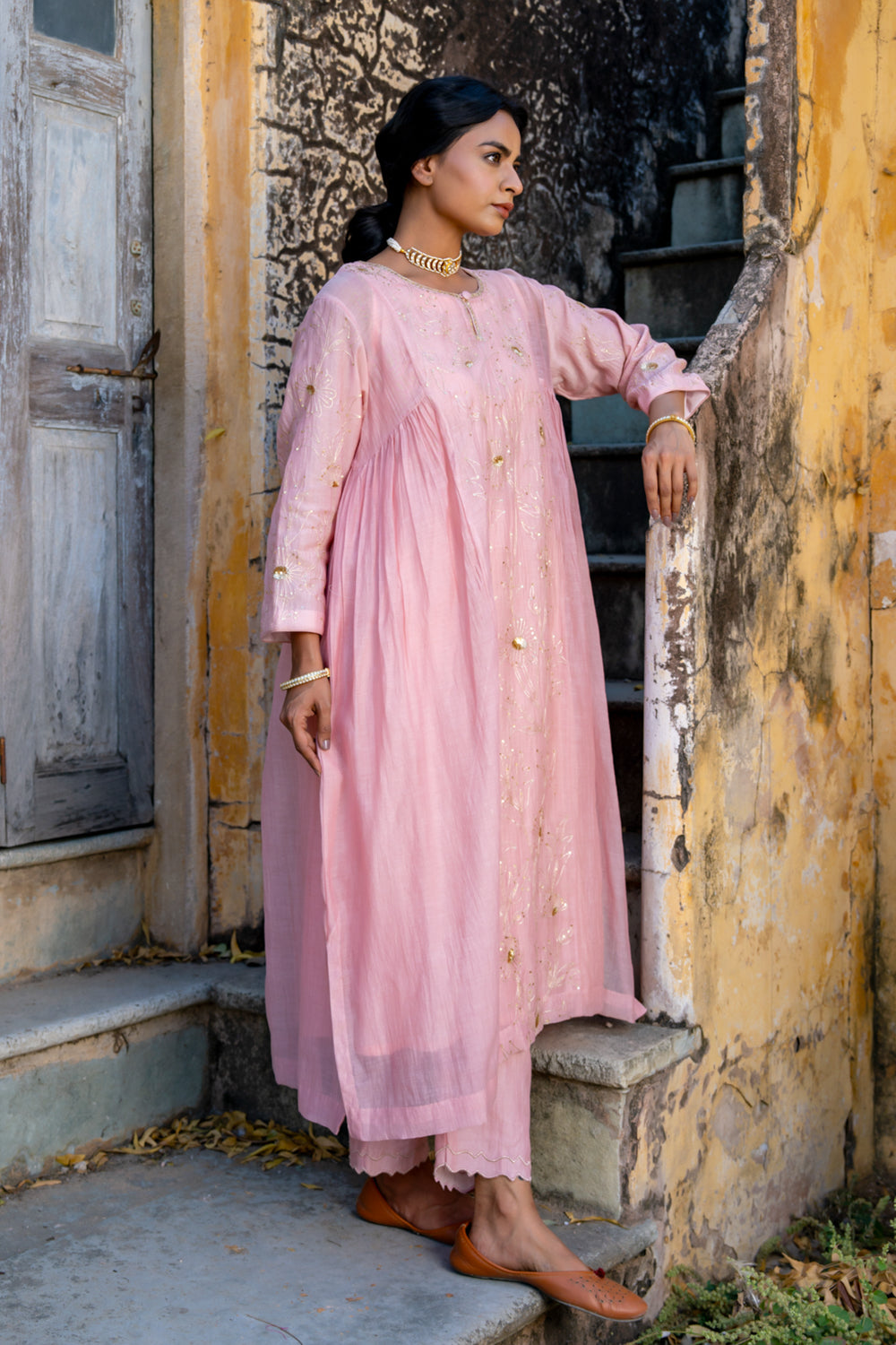 Pink Floral Jaal A Line Suit Set