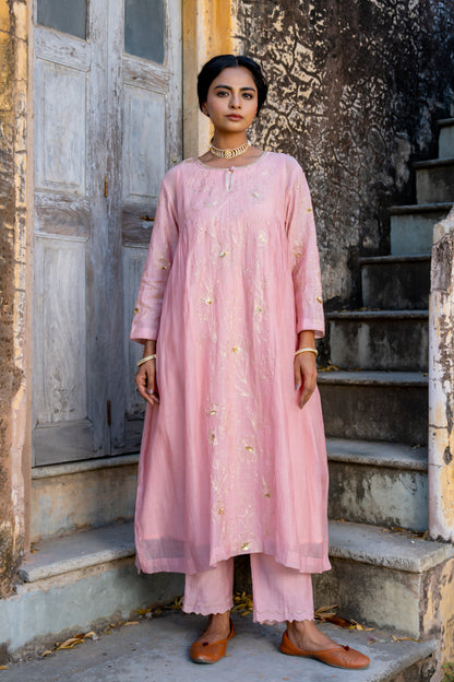 Pink Floral Jaal A Line Suit Set