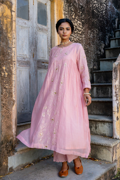 Pink Floral Jaal A Line Suit Set