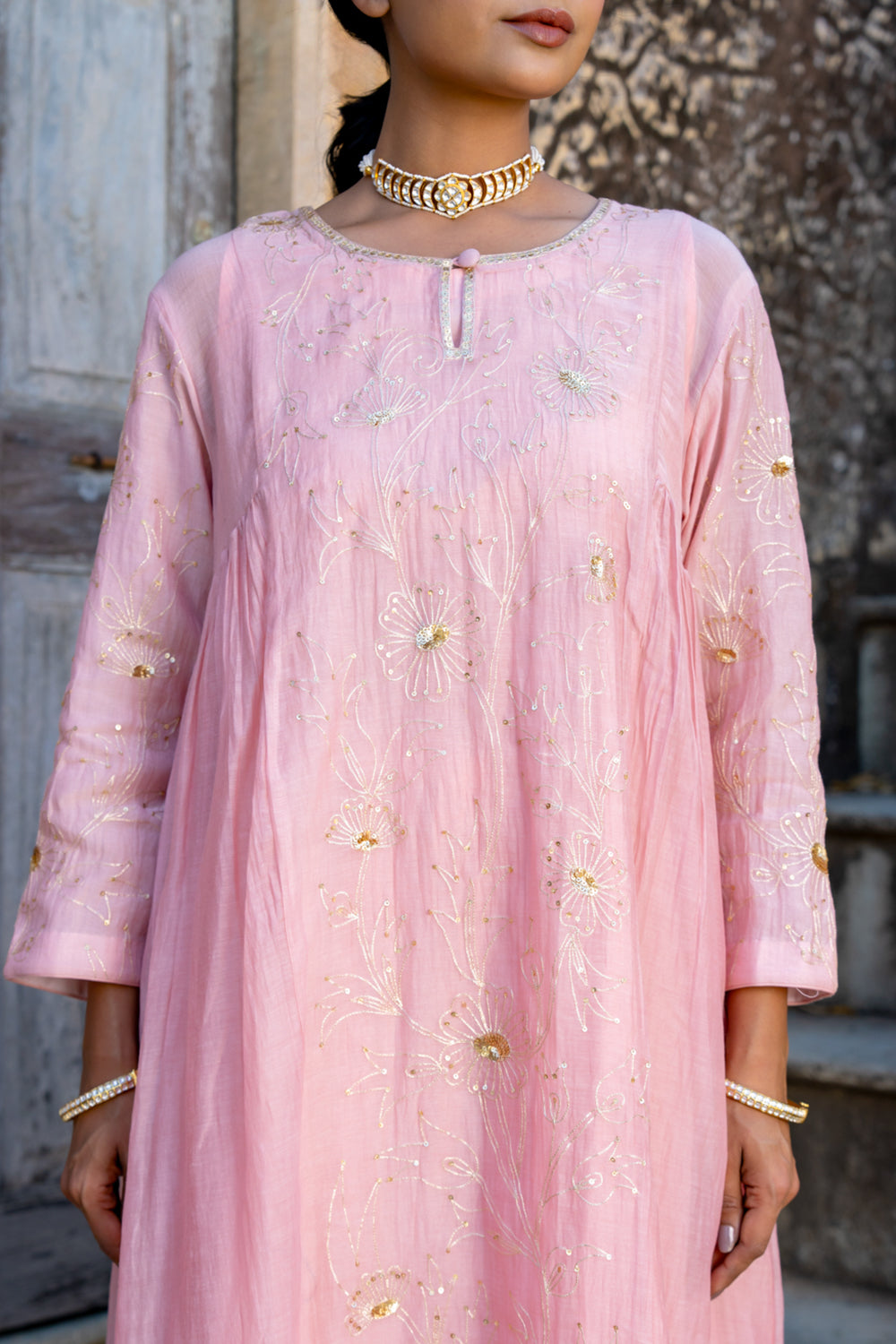 Pink Floral Jaal A Line Suit Set