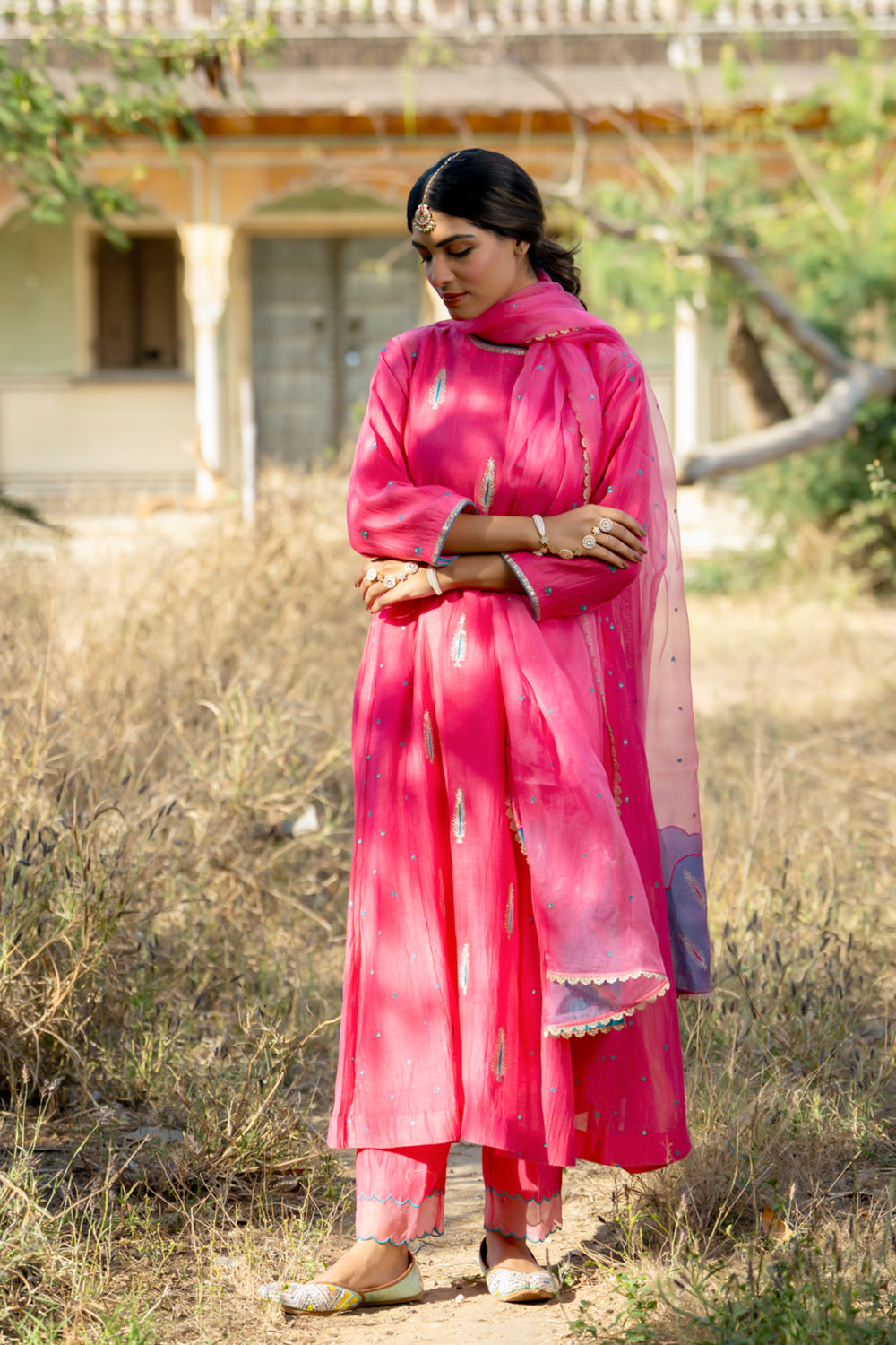 Rani Firozi Khajur Booti Anarkali Suit Set