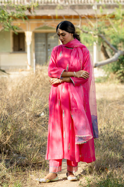 Rani Firozi Khajur Booti Anarkali Suit Set