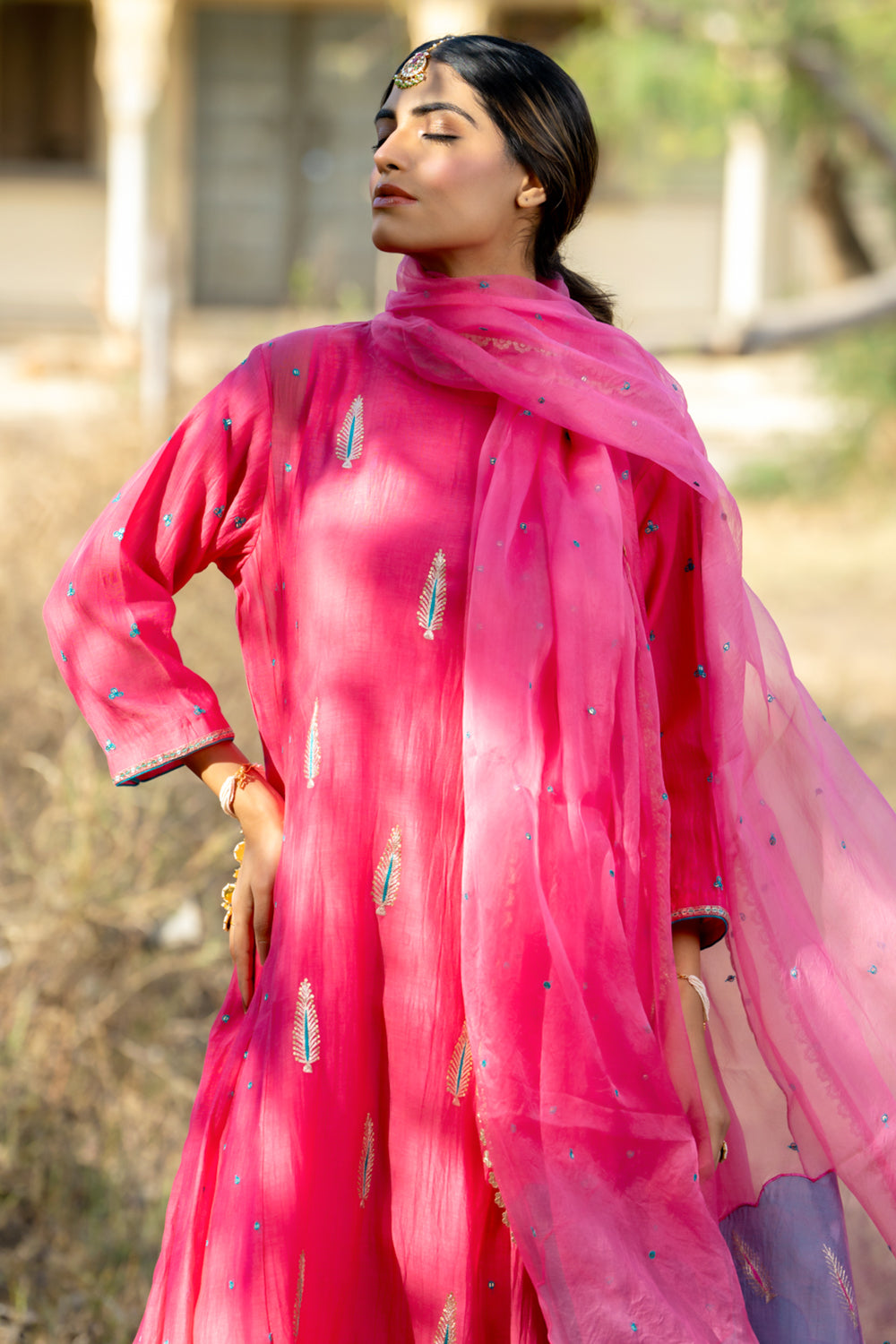 Rani Firozi Khajur Booti Anarkali Suit Set