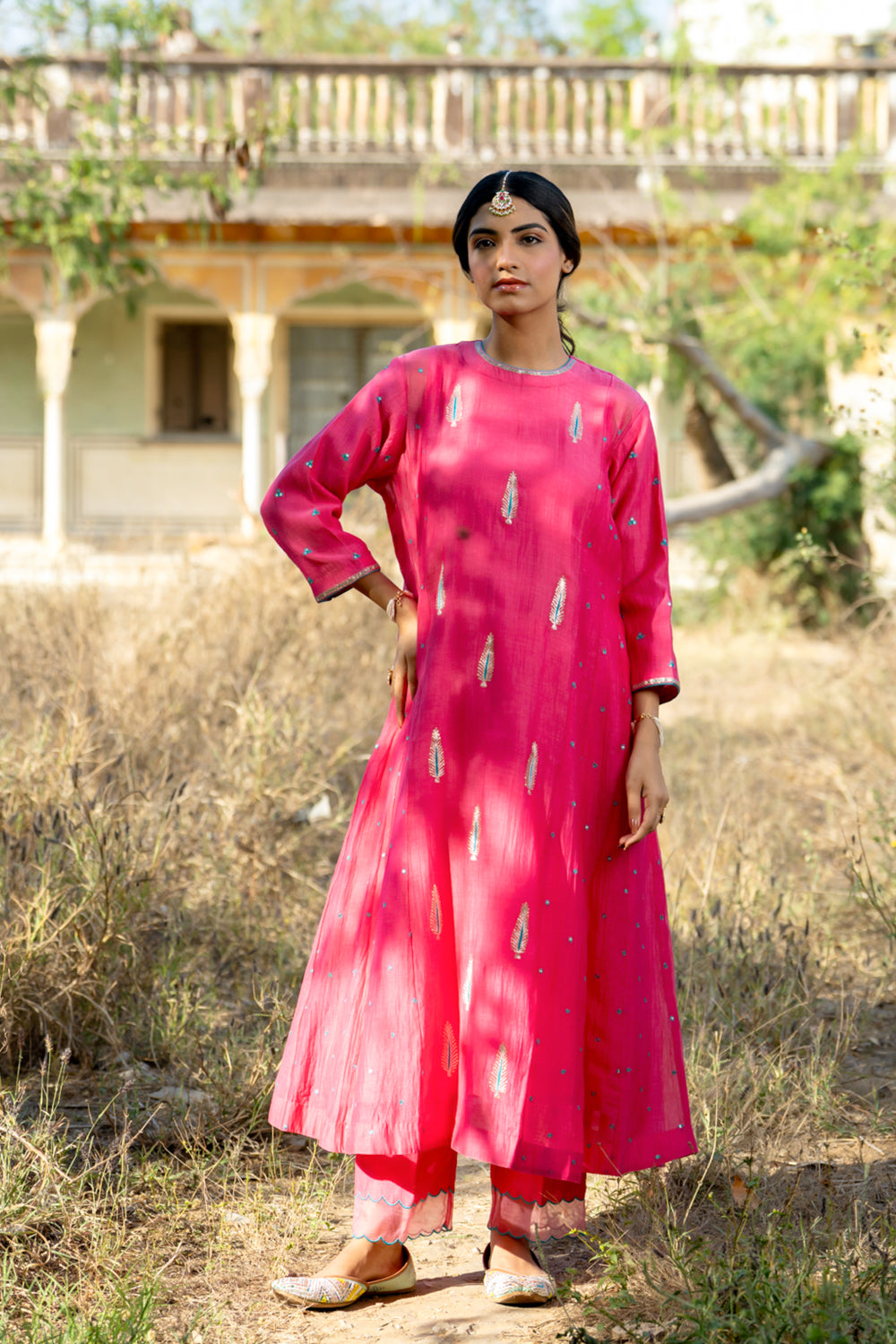 Rani Firozi Khajur Booti Anarkali Suit Set
