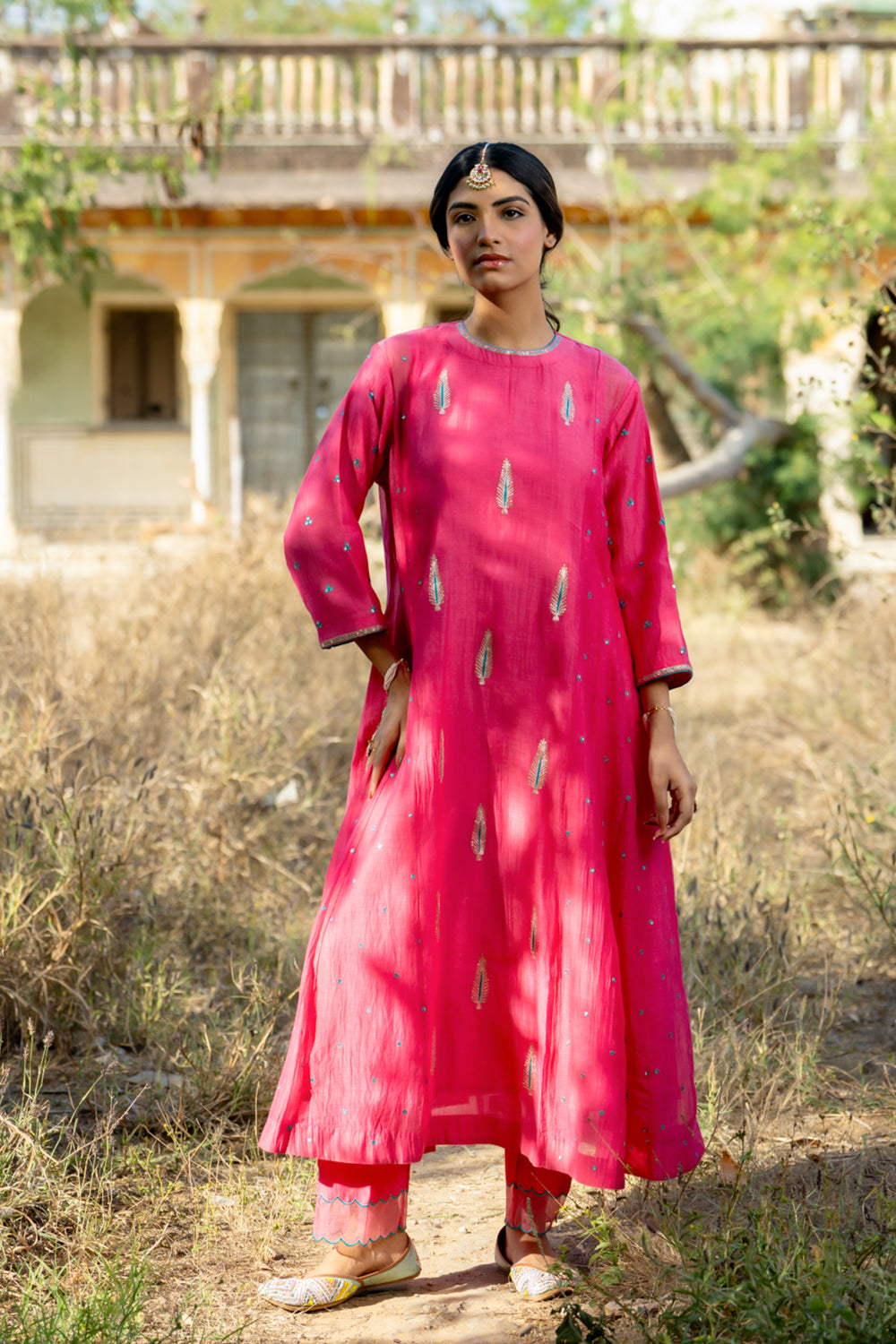 Rani Firozi Khajur Booti Anarkali Suit Set
