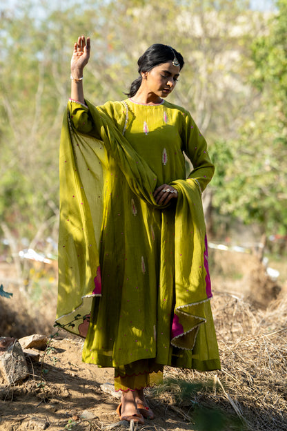 Olive Rani Khajur Booti Anarkali Suit Set