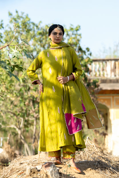 Olive Rani Khajur Booti Anarkali Suit Set