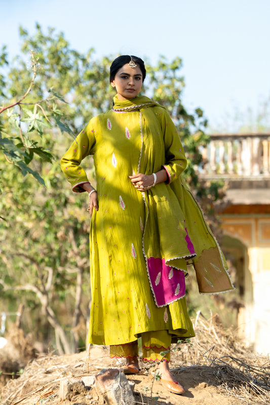 Olive Rani Khajur Booti Anarkali Suit Set