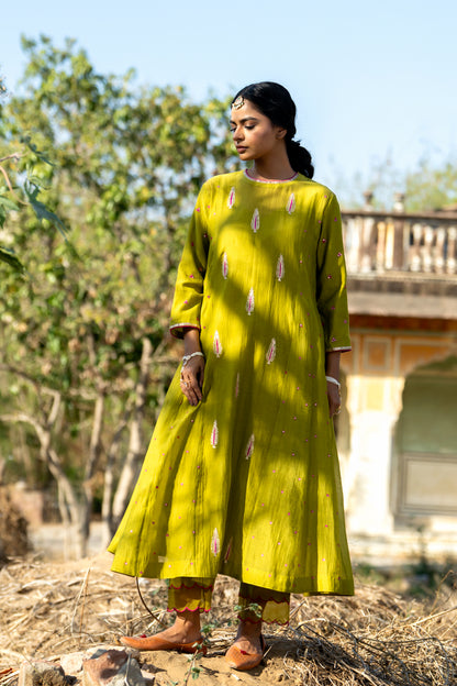 Olive Rani Khajur Booti Anarkali Suit Set
