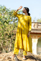 Mustard Khajur Booti Anarkali Suit Set