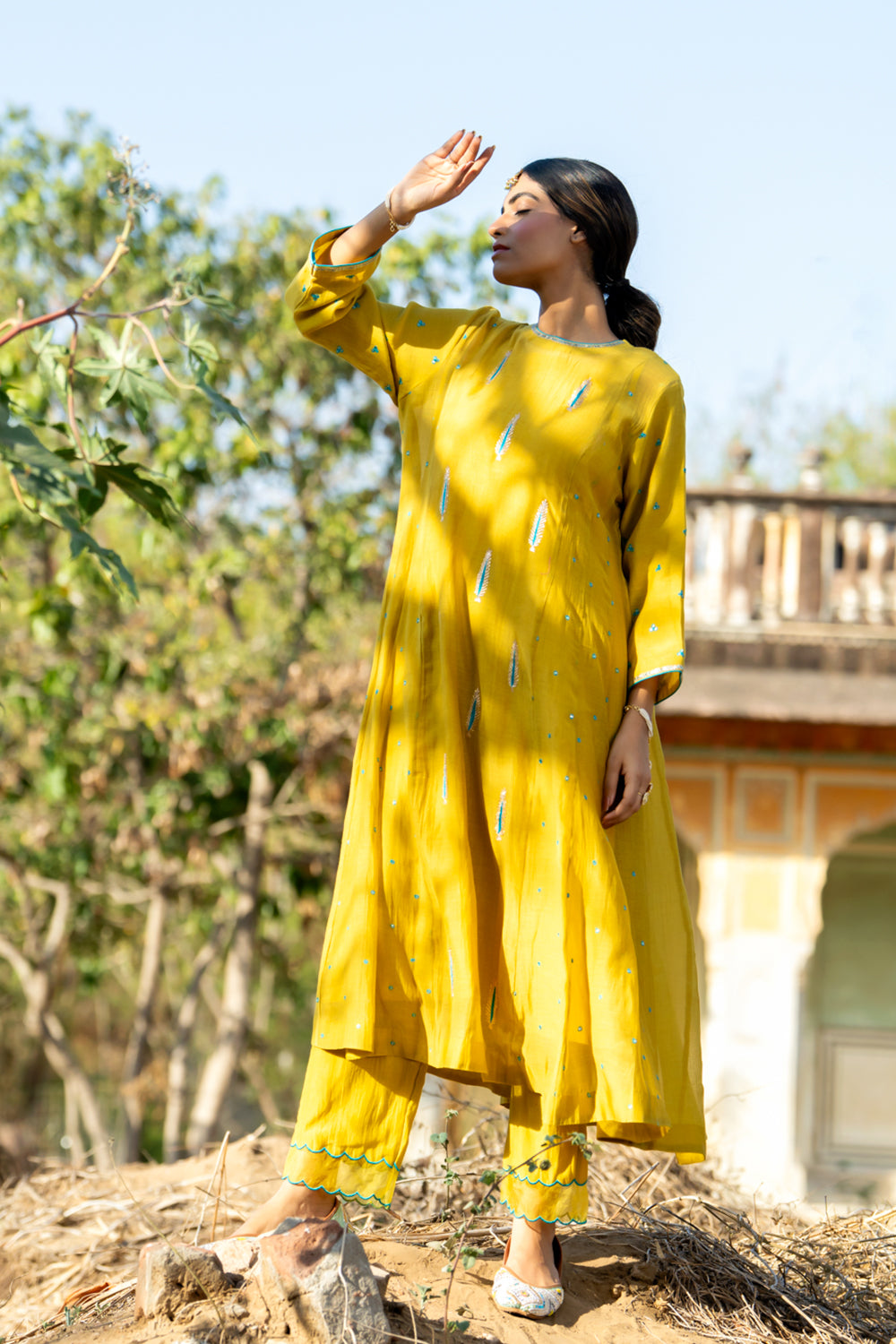 Mustard Khajur Booti Anarkali Suit Set
