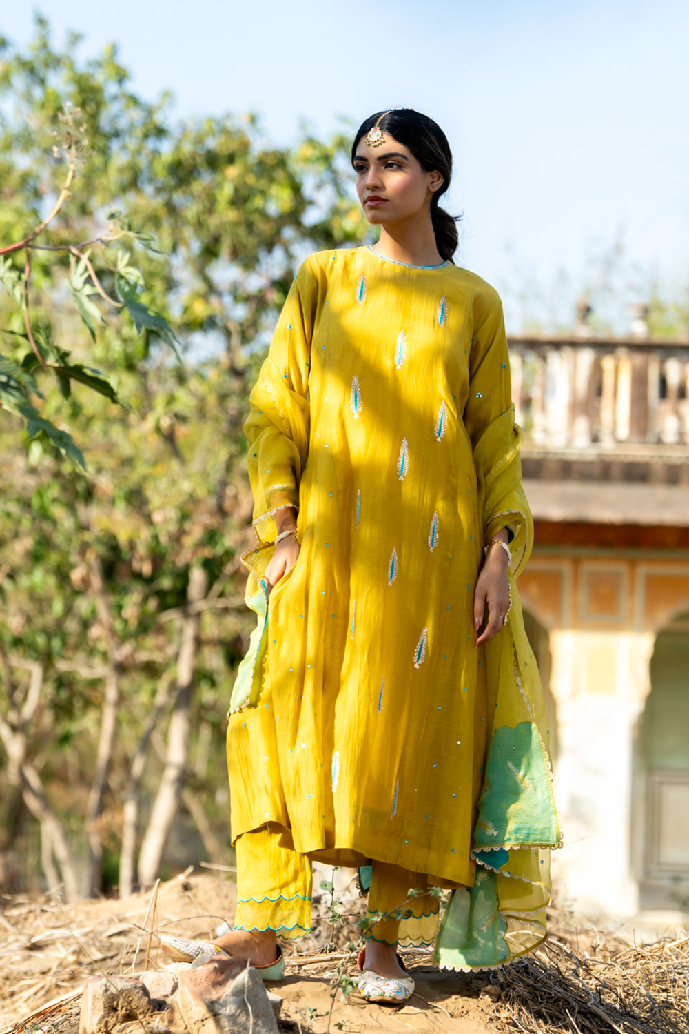 Mustard Khajur Booti Anarkali Suit Set