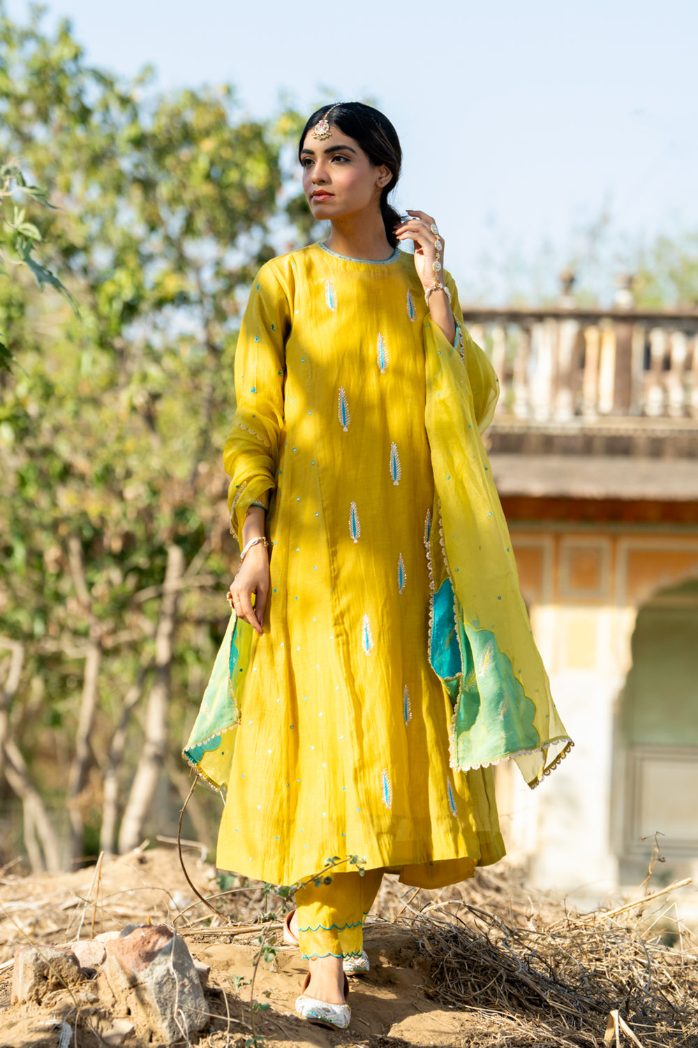 Mustard Khajur Booti Anarkali Suit Set