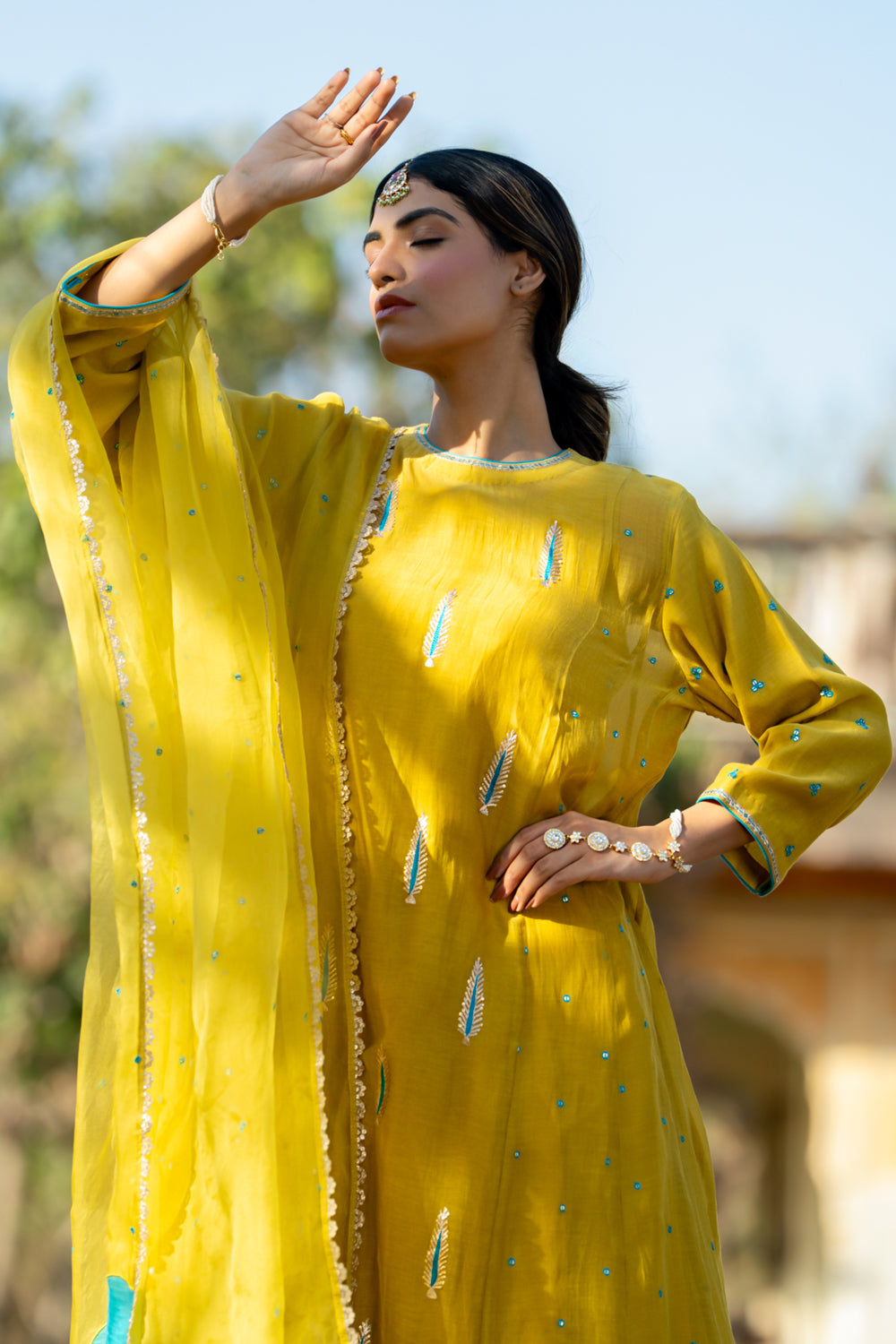 Mustard Khajur Booti Anarkali Suit Set